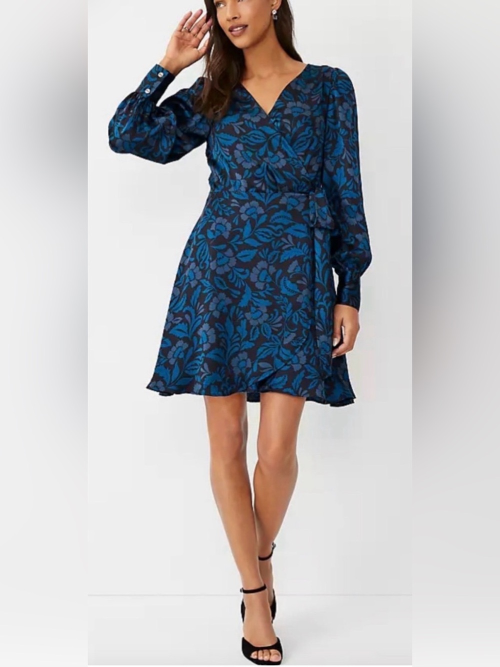 ANN TAYLOR STUDIO COLLECTION BLACK BLUE FLORAL SILK WRAP DRESS SZ 10